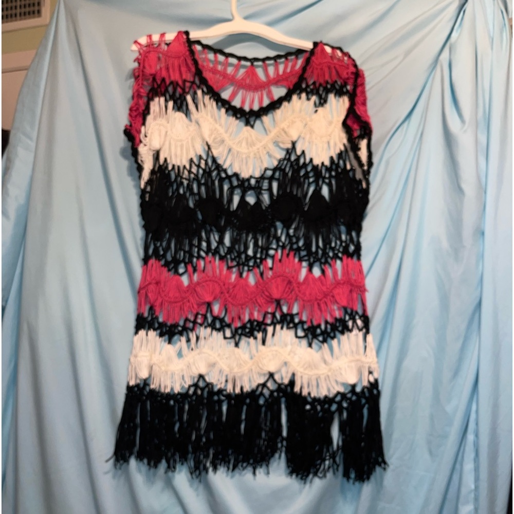 Pink white and black open knit cover up 1X